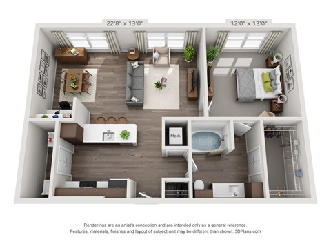 Floor plan for 1 bed, 1 bath, 864 sqft